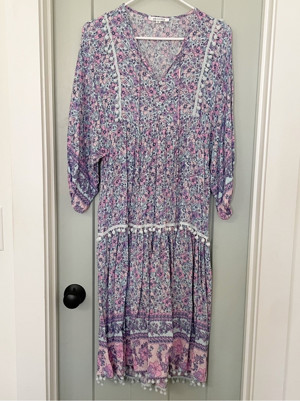 Floral Pom Pom Trim Maxi Dress Pink Blue Small Folk Cottagecore Summer Whimsy